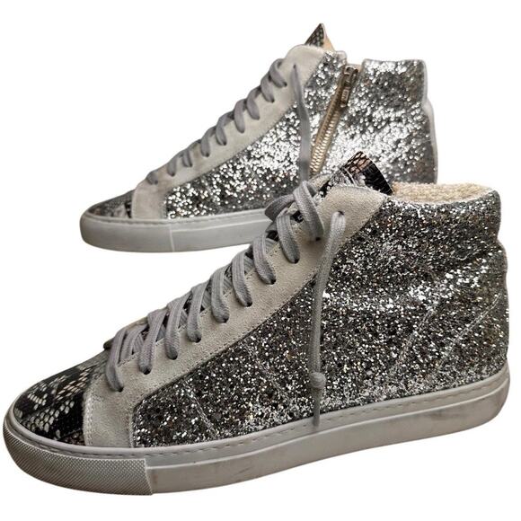 P448 EU 41 Glitter Snakeskin Hi Top Side Zip Sneakers Made In Italy Rebel Chic - Picture 14 of 16